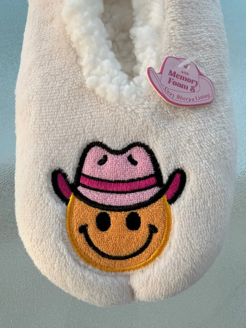 Moon Cake Smiley Face Western-Themed Fuzzy Slipper Socks ~ Women’s M/L (8-10)